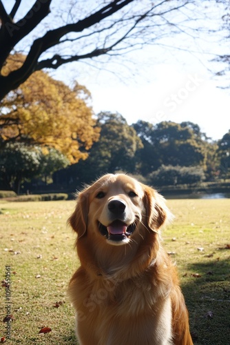 Golden retriever sitting in a sunlit park during autumn