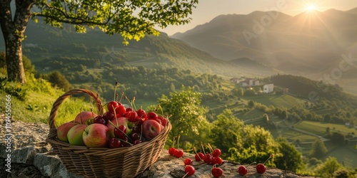 A rustic basket filled with freshly picked apples, cherries, and strawberries, placed on a stone wall as the sun rises over a lush green valley and towering mountain range.