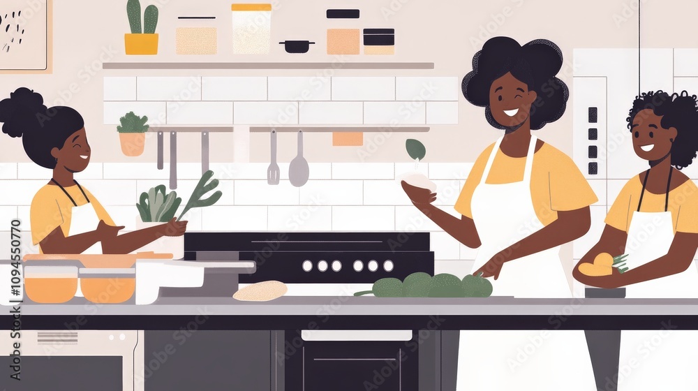 Warm Kitchen Scene with Parent and Children Cooking Together