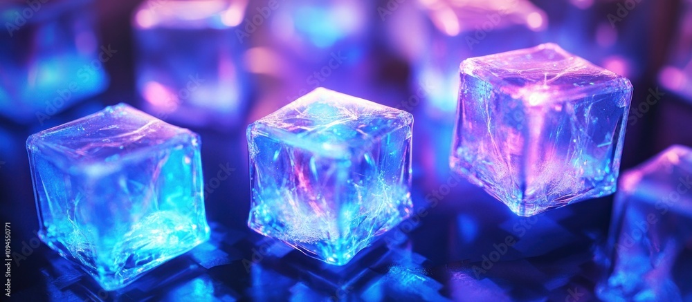 Glowing blue and purple ice cubes on reflective surface. Glowing blue and purple ice cubes on reflective surface.