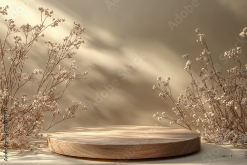 Delicate floral arrangement with round wooden platform and soft shadows in a ...