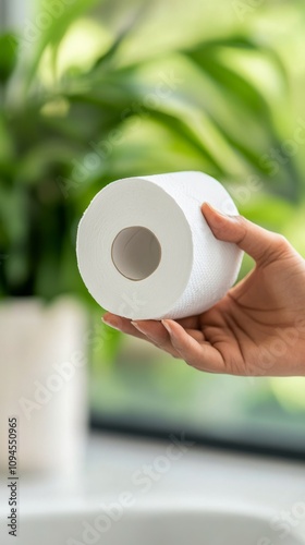 Hand holding a roll of white toilet paper in a bright indoor space surrounded...