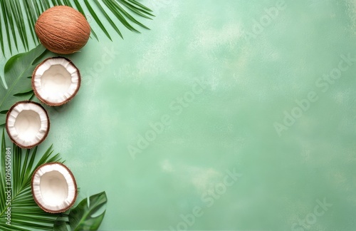 Coconuts and tropical leaves arranged on a light blue background for a fresh ...