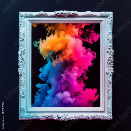 Colorful smoke in a frame creates vibrant art display in a modern setting