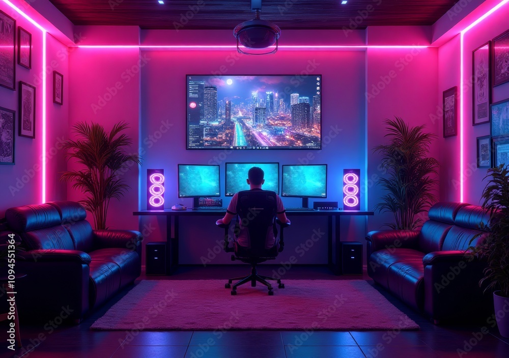 Modern gaming setup in a neon-lit room with two monitors and vibrant decor Modern gaming setup in a neon-lit room with two monitors and vibrant decor