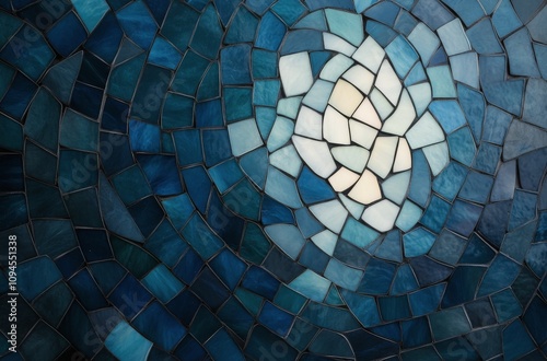 Abstract mosaic design featuring blue and white patterns resembling waves and...