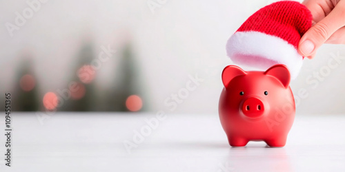 A red piggy bank with a Santa hat being placed on top, set against a minimalist background with blurred festive tree lights. Suitable for Christmas savings campaigns, financial holiday promotions, or 