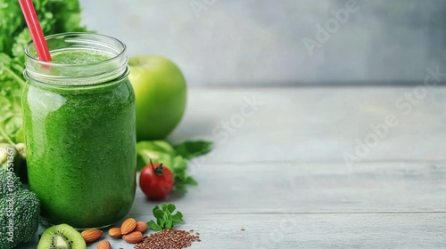 Healthy green smoothie with fresh ingredients on a wooden surface