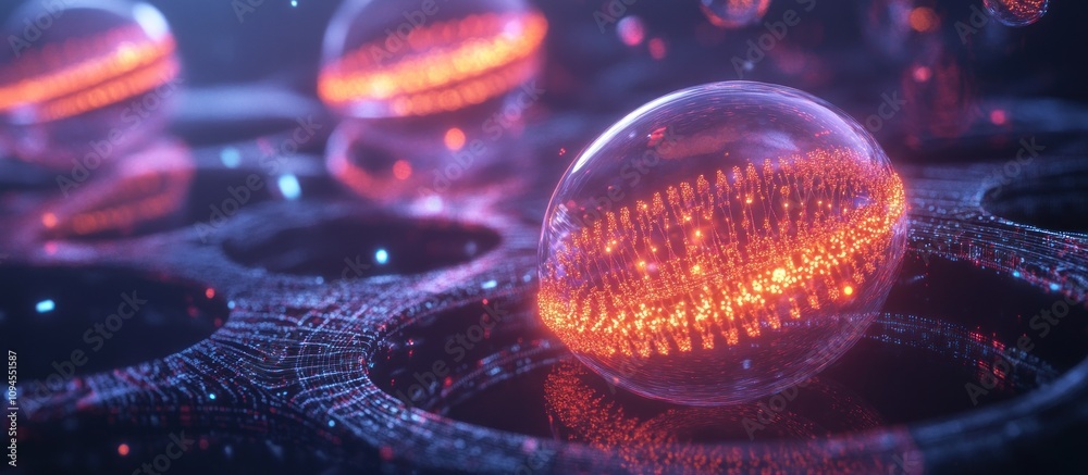 Glowing orbs rest on a complex, dark network. Glowing orbs rest on a complex, dark network.