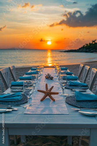 Elegant beachside dinner setup at sunset with decorated tables and coastal sc...