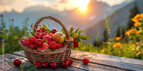 A small wicker basket filled with fresh apples, cherries, and strawberries, placed on a wooden table with the warm glow of the sunrise and mountain peaks in the background. 
