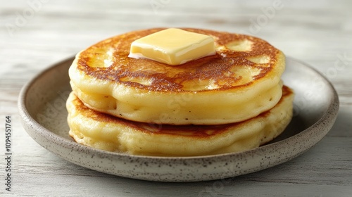 Fluffy golden breakfast pancakes stacked on a textured plate, topped with a pat of butter, set against a rustic white wooden background.