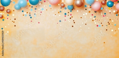 Colorful balloons and confetti arranged on a soft pastel background for a fes...