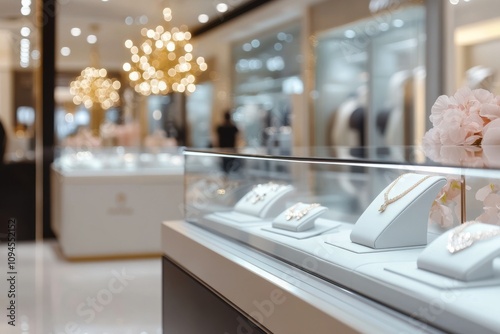 Luxurious shopping experience in a modern jewelry store with sleek displays a...