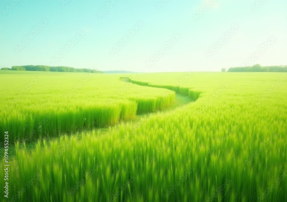 Lush green field with winding stream under bright daylight in a tranquil rural landscape Lush green field with winding stream under bright daylight in a tranquil rural landscape