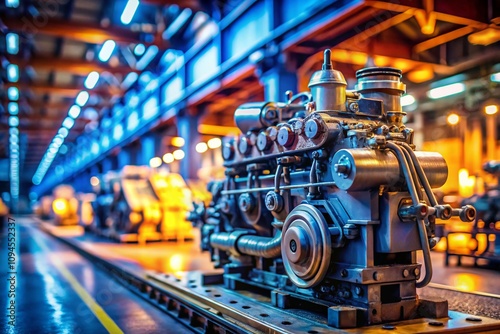 Close-Up Tilt-Shift Photography of a Metal Engine in a Factory Setting, Showcasing Intricate Details and Machinery with a Soft Focus Effect for Industrial Aesthetics