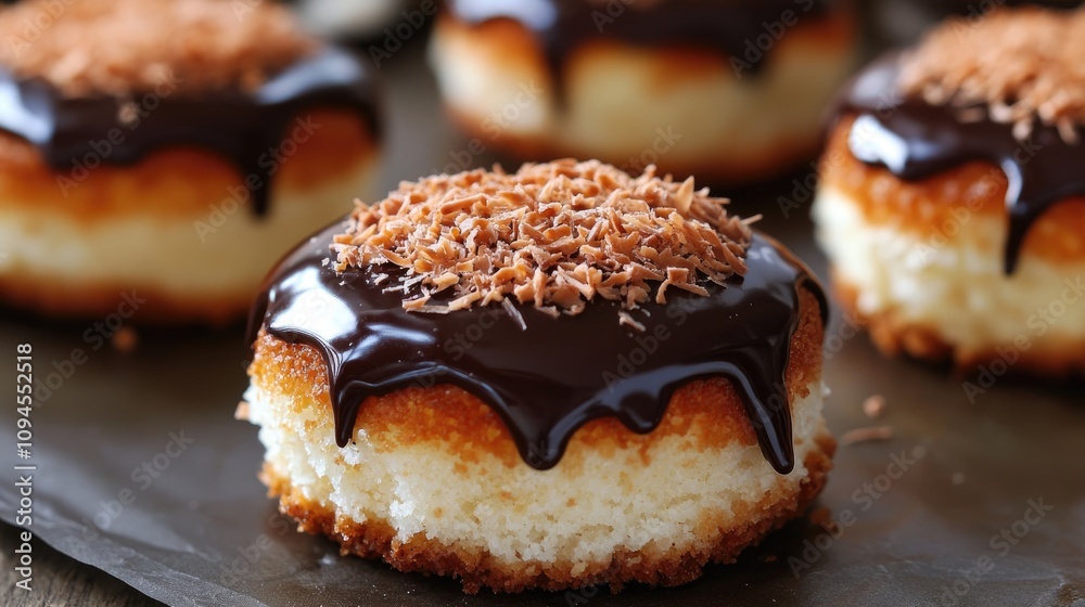 Coconut cakes adorned with a glossy layer of dark chocolate and sprinkled with grated chocolate, showcasing a decadent dessert treat. Coconut cakes adorned with a glossy layer of dark chocolate and sprinkled with grated chocolate, showcasing a decadent dessert treat.