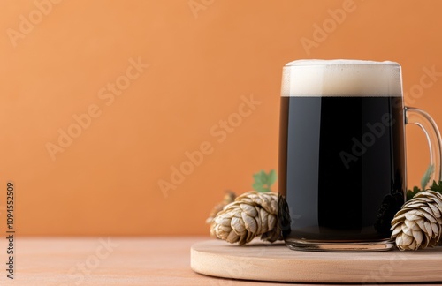 Dark beer served in a frosty mug with hops on a rustic surface