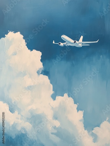 Airplane flying through fluffy clouds in a bright blue sky during daytime