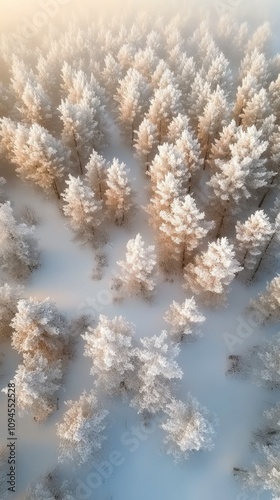 Snow covered trees blanket a serene landscape in winter with a soft glow