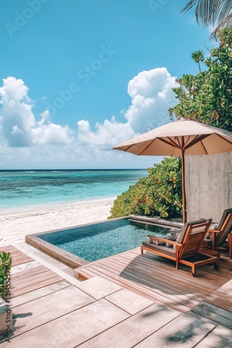 Beautiful tropical patio with ocean view and pool during sunny daytime