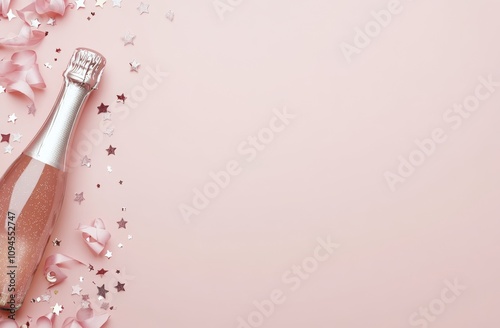 Celebratory drink with pink background and colorful confetti scattered around