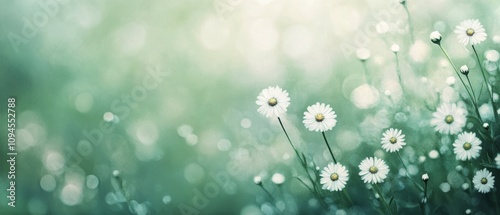 White daisies blooming in a lush green meadow during a sunny spring day