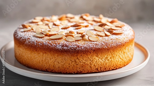 Deliciously creamy cheesecake topped with almonds served on a white plate