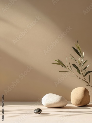 Natural stones and olive branch create an aesthetic minimalist arrangement on...