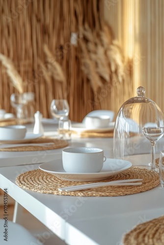 Elegant dining setup in a cozy log cabin during early morning light
