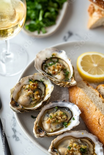 Fresh oysters served with baguettes and lemon on a white plate