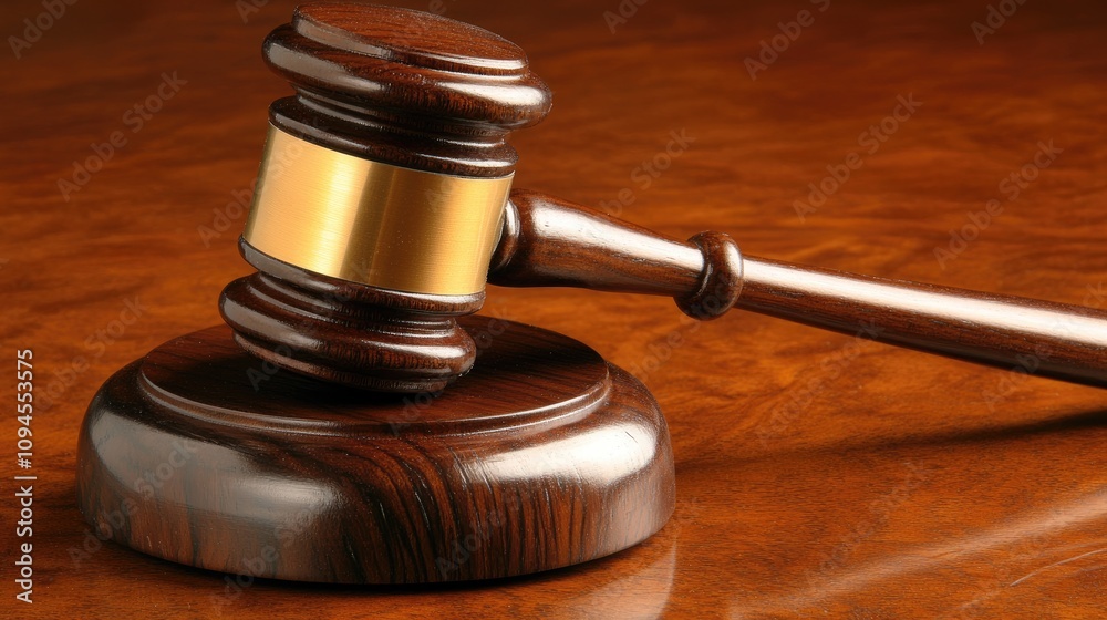 Detailed closeup of a polished wooden courtroom gavel resting on a smooth, richly grained wooden surface, highlighting its craftsmanship and elegance. Detailed closeup of a polished wooden courtroom gavel resting on a smooth, richly grained wooden surface, highlighting its craftsmanship and elegance.