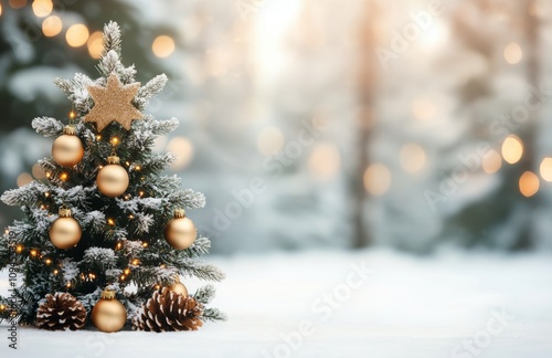 Beautifully decorated Christmas tree with golden ornaments and pinecones in a...