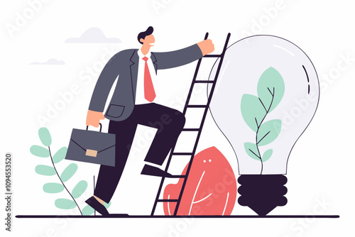 reativity idea, solution or persuade success, climb up career ladder or business growth, improvement progress, personal development concept, businessman climbs up ladder to reach lightbulb grow plant
