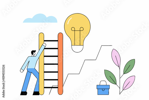 reativity idea, solution or persuade success, climb up career ladder or business growth, improvement progress, personal development concept, businessman climbs up ladder to reach lightbulb grow plant
