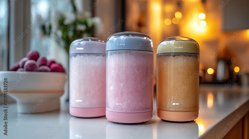 Three colorful kitchen appliances with a white countertop and a blurry background. Three colorful kitchen appliances with a white countertop and a blurry background.