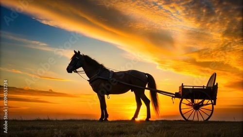 Silhouette of a Horse Harnessed to a Cart in a Traditional Rural Setting, Capturing the Essence of Old-Fashioned Transportation with a Scenic Background and Ample Copy Space for Text Overlay photo