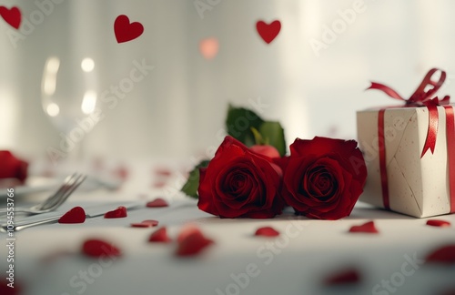 Romantic table setting with rose and heart decorations for special occasion c...