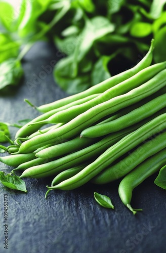 Fresh green beans and leafy greens arranged on a dark stone surface in a kitc...