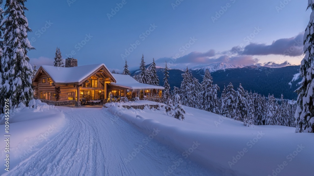 A picturesque winter scene of a mountain cabin with rain and snow falling. A picturesque winter scene of a mountain cabin with rain and snow falling.