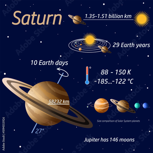 Card with planet of Solar System Saturn and information about it on a dark blue background. Science. Astronomy. Educational vector illustration for children's development, board game, book.