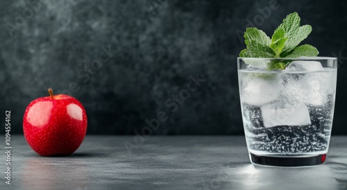 Refreshing drink with ice and mint beside sliced lime and green apple on a da...