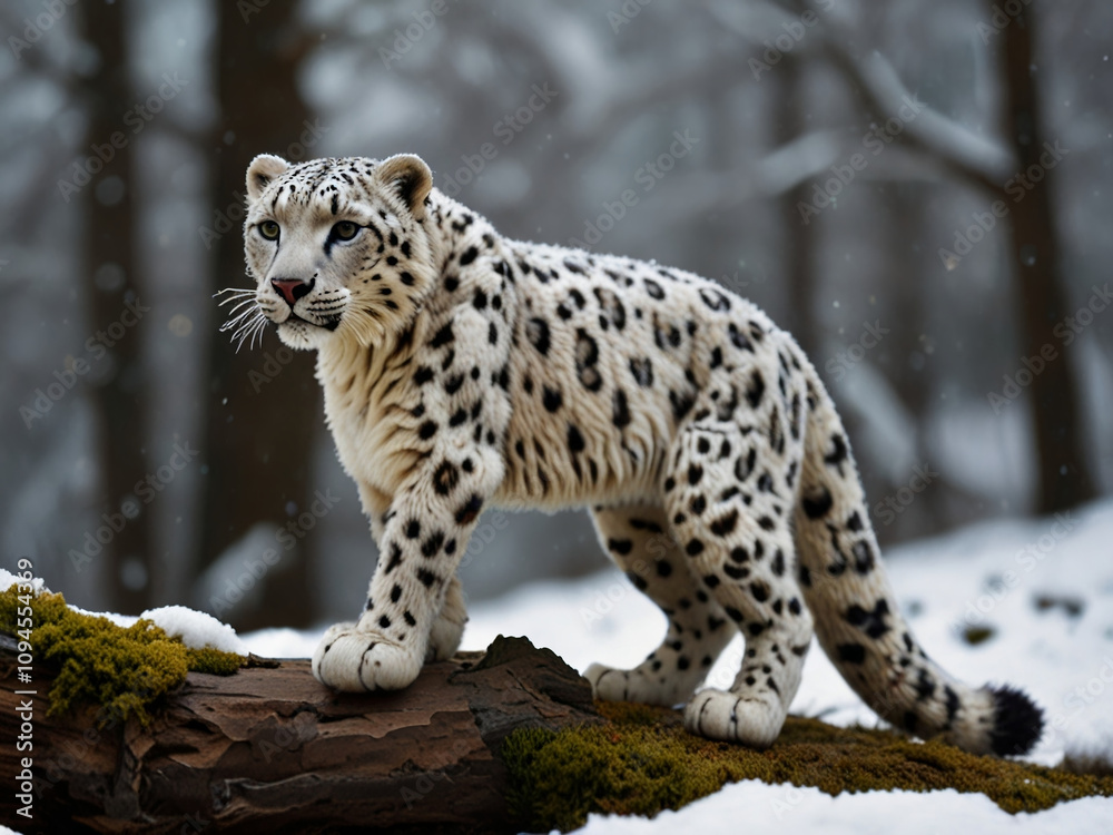 Fototapeta premium animal snow leopard toy knitted with wool threads, cozy aesthetics AI generated