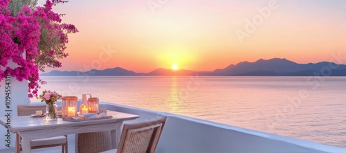Romantic outdoor dining experience by the sea at sunset with blooming flowers