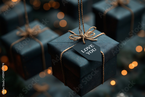 Gift box with red ribbon and copy tag or card. Valentine's day concept. 