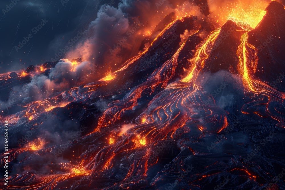a volcanic eruption with lava flowing down the slopes a volcanic eruption with lava flowing down the slopes
