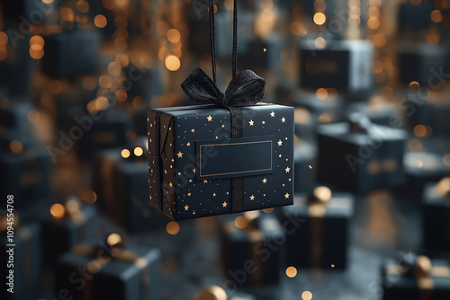 Gift box with red ribbon and copy tag or card. Valentine's Day concept.