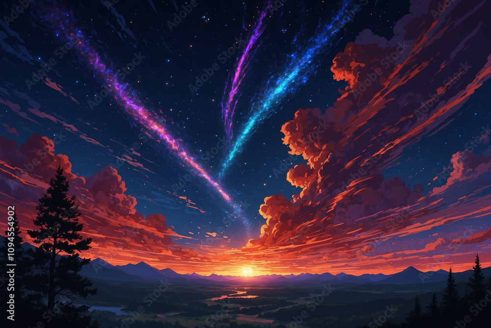 The fiery Tiamat comet streaks across a dramatic night sky, leaving red, blue, and purple trails over a distant, mysterious Earth, in anime style The fiery Tiamat comet streaks across a dramatic night sky, leaving red, blue, and purple trails over a distant, mysterious Earth, in anime style
