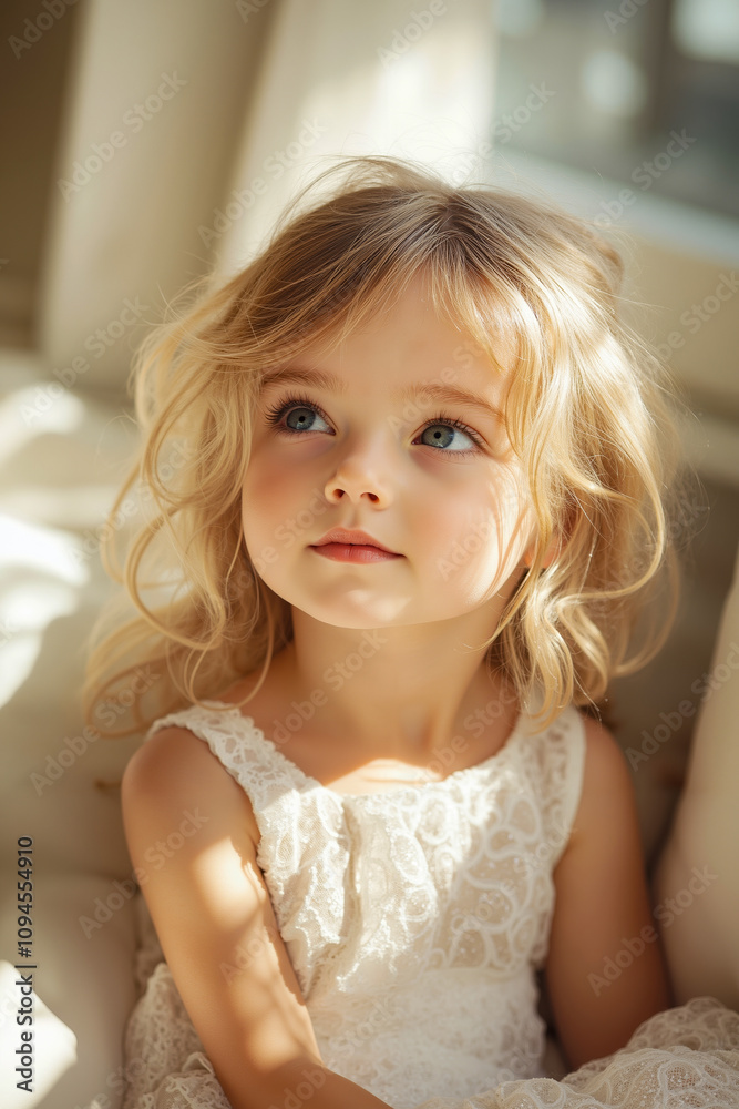 A little girl in a white dress sitting on a couch A little girl in a white dress sitting on a couch