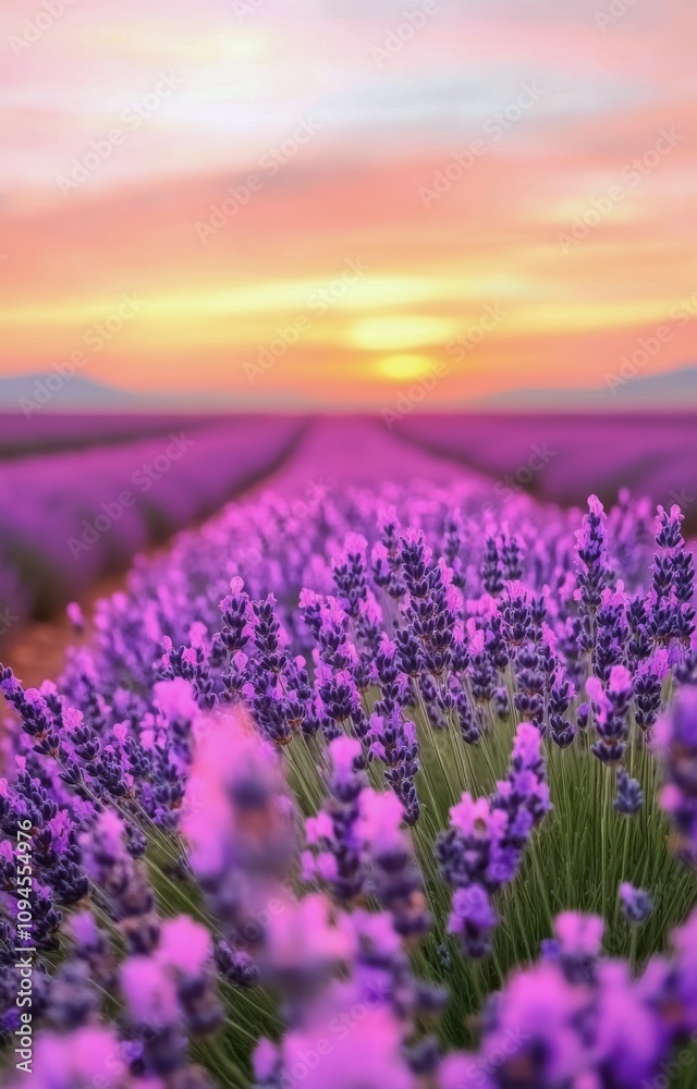 Naklejka premium Lavender fields at sunset with a solitary figure under a tree in a serene landscape